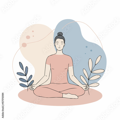Woman meditating while holding leaves in a minimalist style  