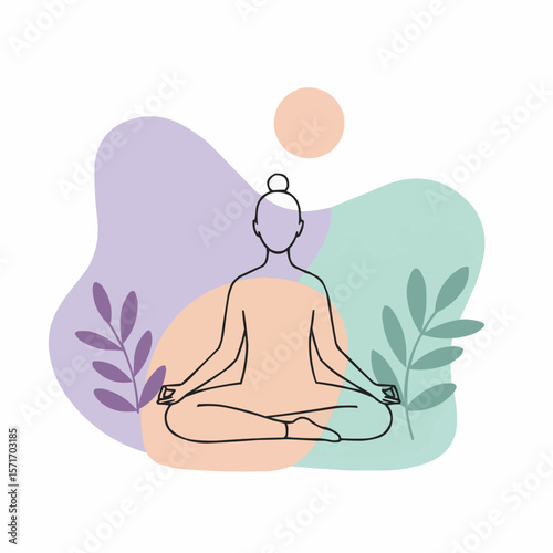 Minimalist line drawing of a person meditating with plants  