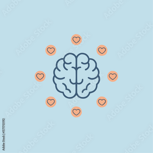 Brain surrounded by love hearts on a light blue background  