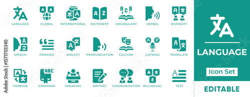 Language Icon Set. Includes icons of speech, translation, alphabet, communication, global languages, and linguistics. Perfect for education, apps, and localization tools.