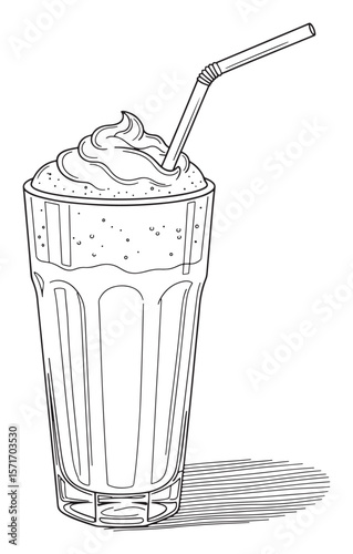 Monochrome Line Art Illustration of a Milkshake with Whipped Cream and Straw