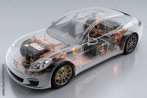 Fictitious electric car model showcasing inner components and technology in a modern display setting