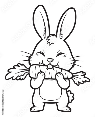 Cute Cartoon Rabbit Holding a Carrot, Black and White Illustration