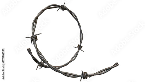 Twisted strand of weathered barbed wire set against a stark black backdrop creating a striking visual, perfect for texture overlays, transparent background