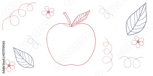 Apple Outline in Doodle Style, Pastel Line Art, Decorative Floral Elements for Coloring Page and Design Concept None