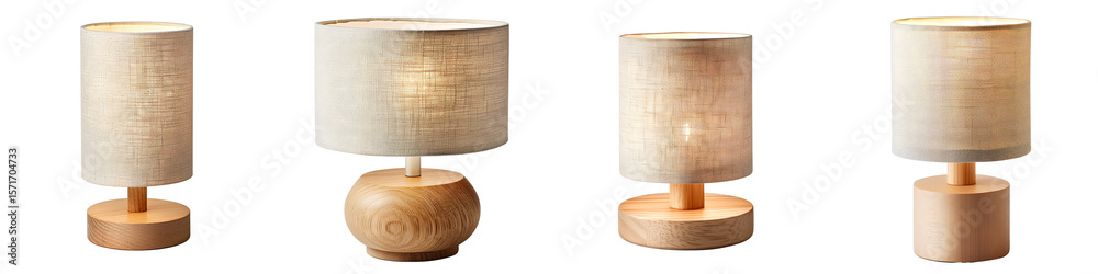 Set of natural wood table lamps with fabric shades, isolated on transparent background
Set of natural wood table lamps with fabric shades, isolated on transparent background