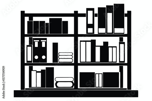Black and White Silhouette of a Bookshelf with Books and Folded Cloth