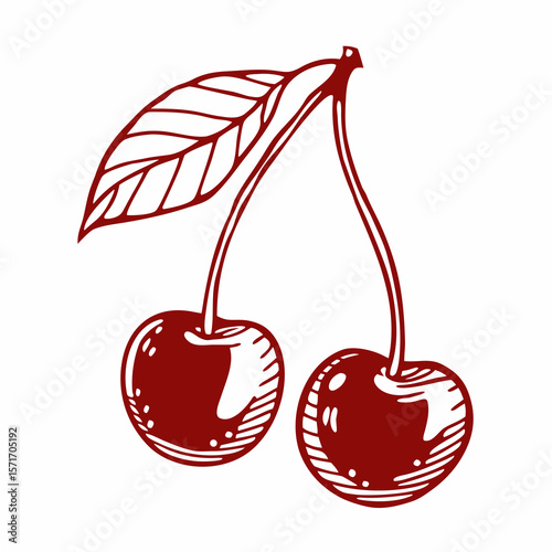 Red cherries with green leaves in hand-drawn style  