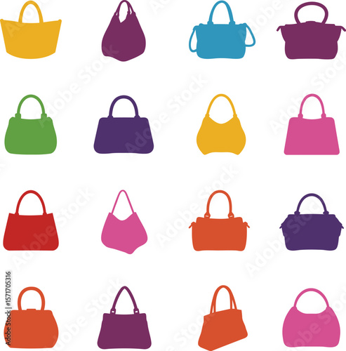 Vector illustration set of stylish women's handbags and purses in various shapes and sizes, showcasing fashion accessories, shopping, and luxury concepts on white background.