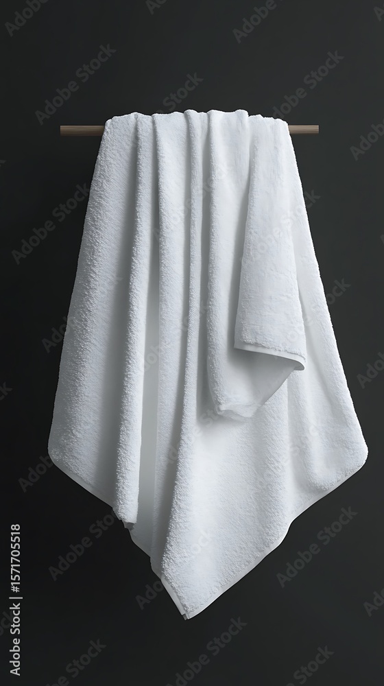Fototapeta premium Crisp white towel hangs draped elegantly from a wooden bar against a dark background