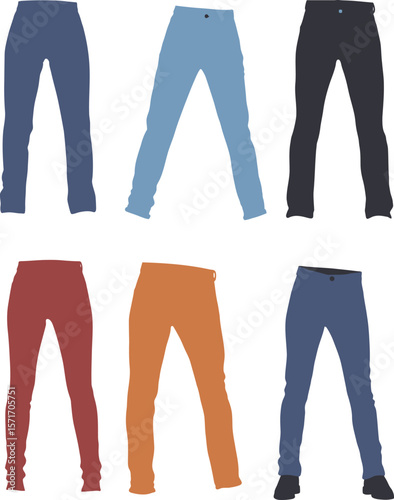 Vector illustration set of diverse denim jeans and casual pants in various styles, colors, and cuts for men and women, representing fashion, apparel, and everyday wear concepts.