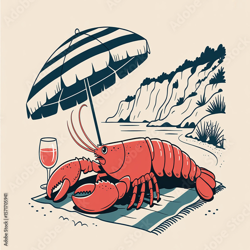Red lobster relaxing under striped umbrella on beach vacation summer