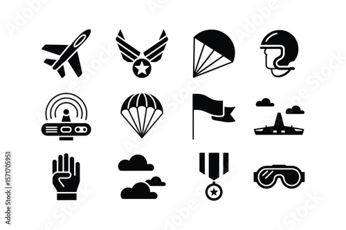 Airplane medal parachute helmet radio signal flag tower clouds hand goggles aircraft