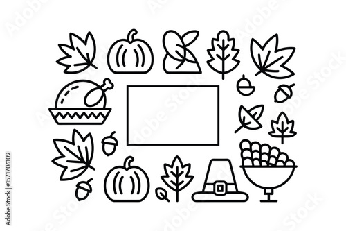 Autumn harvest bounty and pilgrim hat framed by fall foliage and acorns thanksgiving