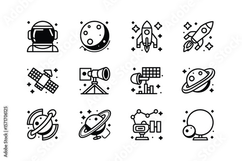 Astronaut moon rocket satellite telescope planets constellation helmet space suit