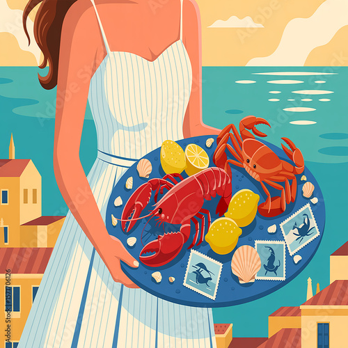 Vibrant seafood platter with lemons and shells lobster crab