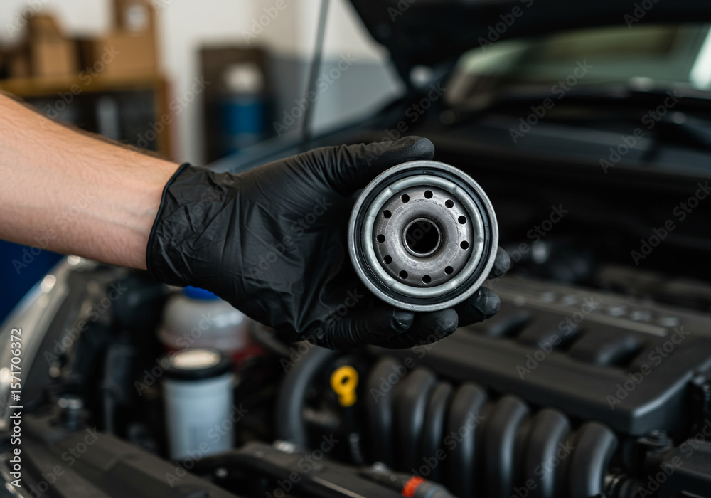 Fototapeta premium A gloved hand holding a car oil filter in front of an open engine compartment in a garage space