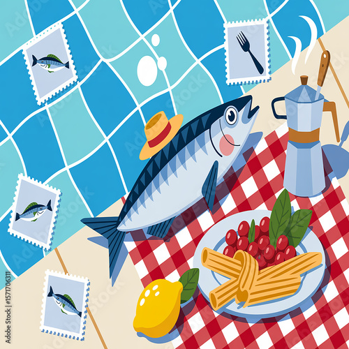 Whimsical fish with pasta and coffee maker lemon red checkered tablecloth