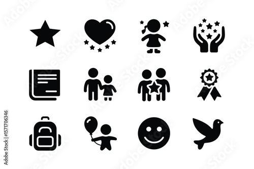 Black icons star heart child book people award backpack balloon smiley dove vector