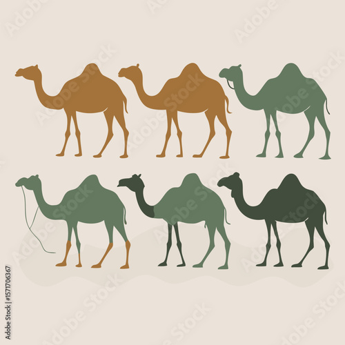 Six camel silhouettes in two rows against a white background design