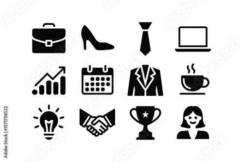 Business icons briefcase high heel tie laptop graph calendar suit coffee cup lightbulb handshake trophy woman
