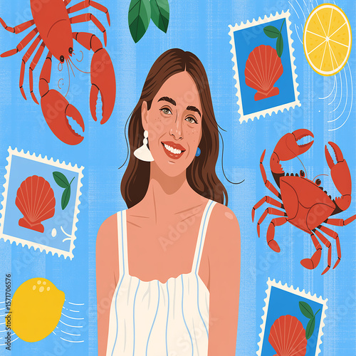 Woman with crustaceans and citrus fruits lobster crab