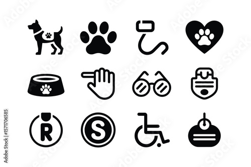 Dog paw heart leash bowl hand glasses wheelchair registered symbol vector