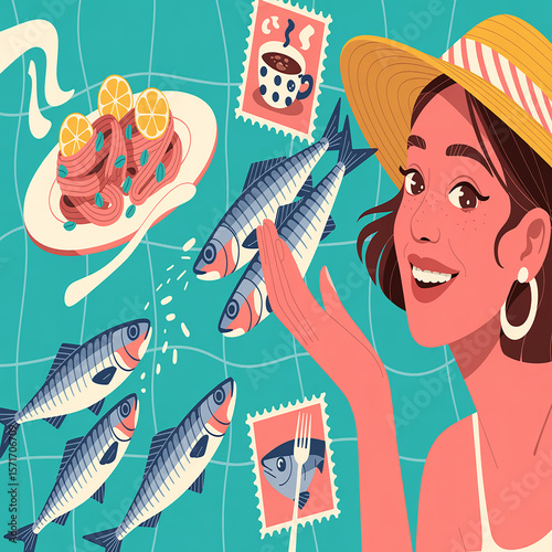 Woman with fish and pasta lemon