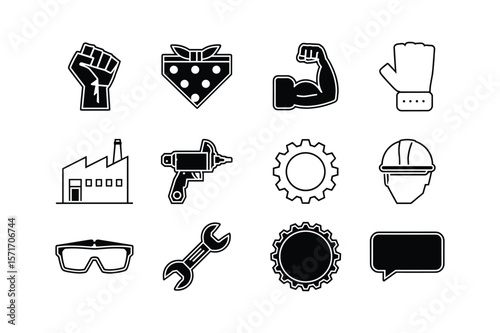 Fist bandana bicep glove factory spray gun gear helmet goggles wrench cog speech bubble