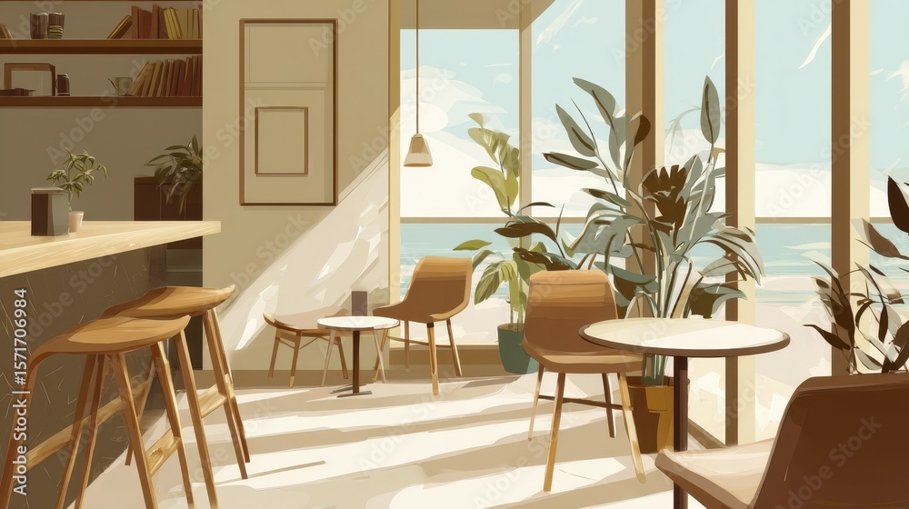 Fototapeta premium Warm cafe interior with sunny views, chairs, plants, and sunlight