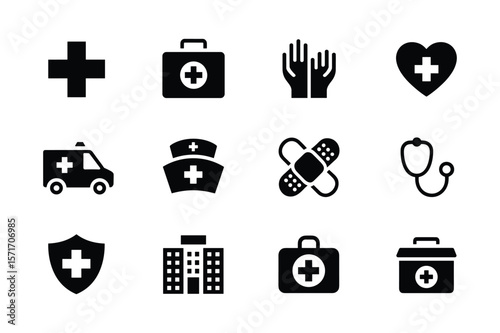 Medical Cross Heart Ambulance Stethoscope Bandage Hands Building First Aid Kit Icons