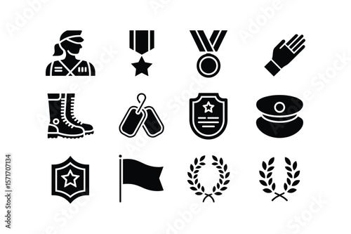 Military symbols and awards including person silhouette boots medals and flag star