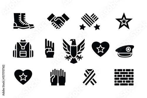 Military symbols and objects icons boots handshake