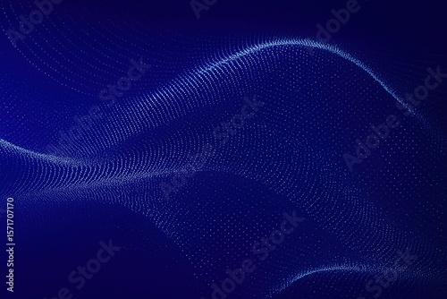 Abstract flowing wave of glowing blue particles against a dark blue gradient background