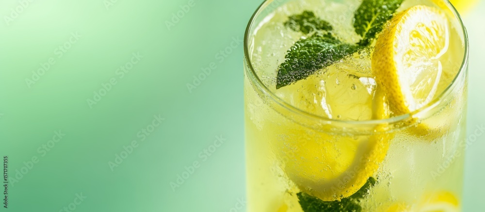 Fototapeta premium Chilled lemonade glass featuring sparkling ice cubes, zesty lemon rounds, fresh mint leaves on soothing green backdrop, promising cool refreshment