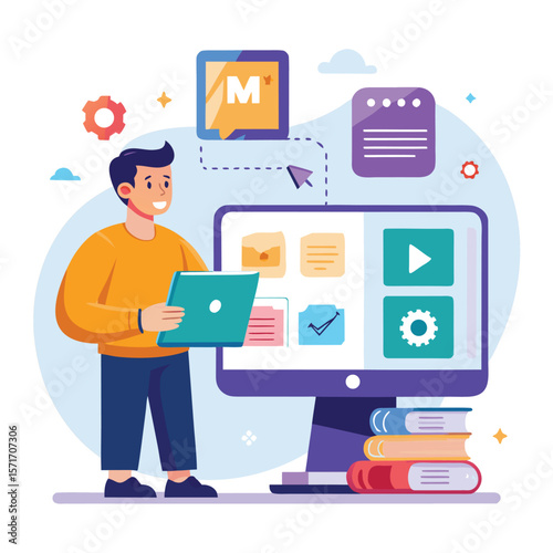 Illustration depicting modern man working with computer and exploring online applications and learning resources.