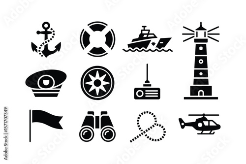 Nautical maritime symbols anchor ship lighthouse binoculars flag compass rope lifebuoy