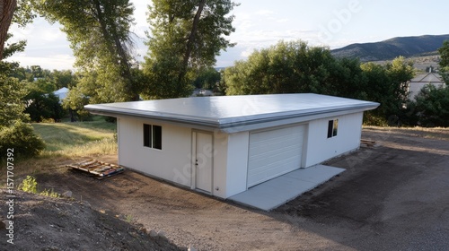 Modern flat garage with rolled roofing in scenic landscape.
