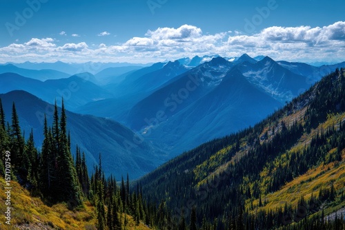 Panoramic view of blue mountain ranges with lush greenery and distant peaks under a clear sky