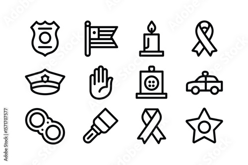 Police badge flag candle ribbon cap hand bell car handcuffs flashlight star american flag