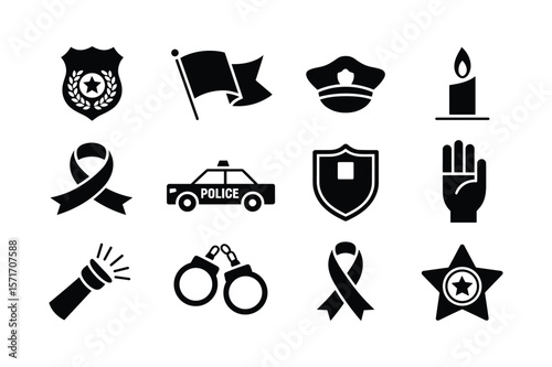 Police badge flag cap candle ribbon car shield hand flashlight handcuffs star police cap