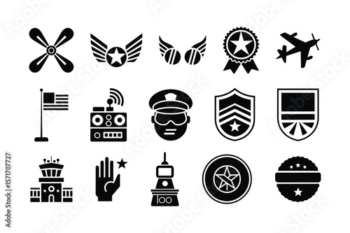 Propeller airplane american flag radio police officer insignia badge airport tower hand star