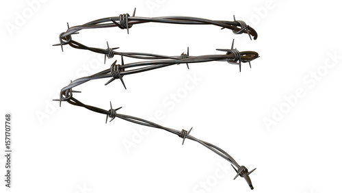 Barbed wire strand presented against a stark black backdrop, offering a dangerous yet compelling metallic texture, transparent background