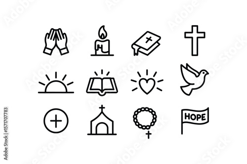 Religious symbols including praying hands candle bible cross dove sun heart church rosary and hope flag