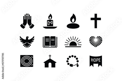Religious Symbols Collection Praying Hands Candle Cross Dove Open Book Sunrise Heart Rosary Church Hope Banner