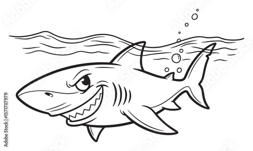 Cartoon Outline of a Shark Swimming Underwater with a Grinning Face and Sharp Teeth