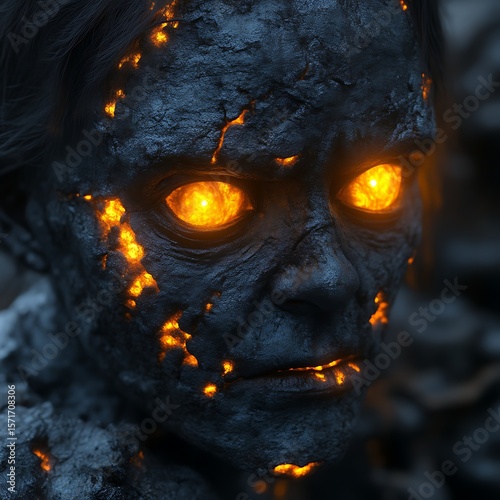 A terrifying, close-up portrait of a creature with a volcanic, cracked face and glowing eyes