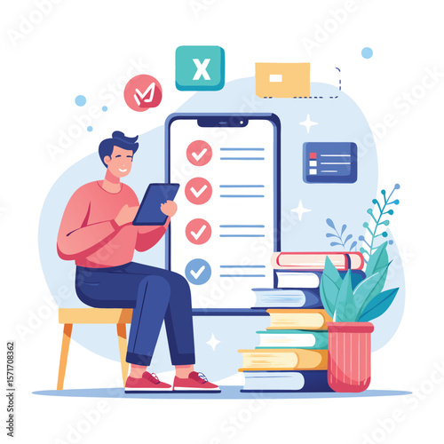 Man using tablet with checklist on smartphone screen with books and plants illustration