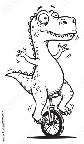Cartoon of a Goofy-Eyed Dinosaur Riding a Unicycle in Black and White