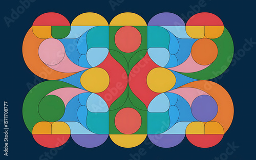 An abstract artwork with colorful circular lines on a dark blue background. The circles vary in size and color, with hues of pink, orange, yellow, green, blue, and purple.